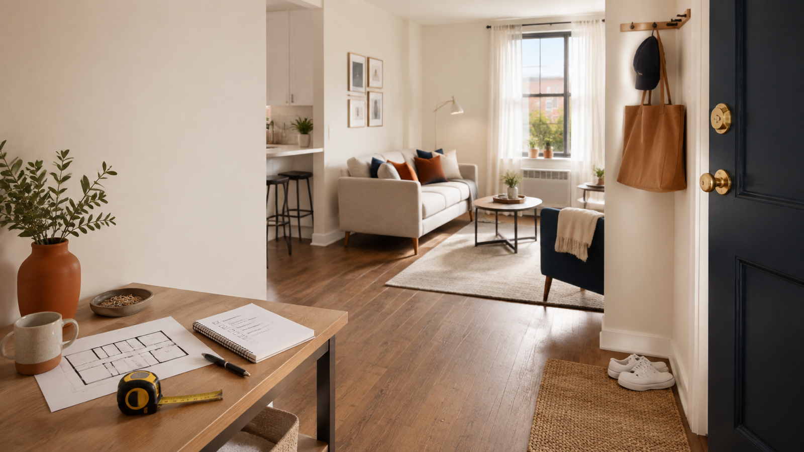A first apartment living room seen from the entry, with a floor plan and measuring tape ready for planning.
